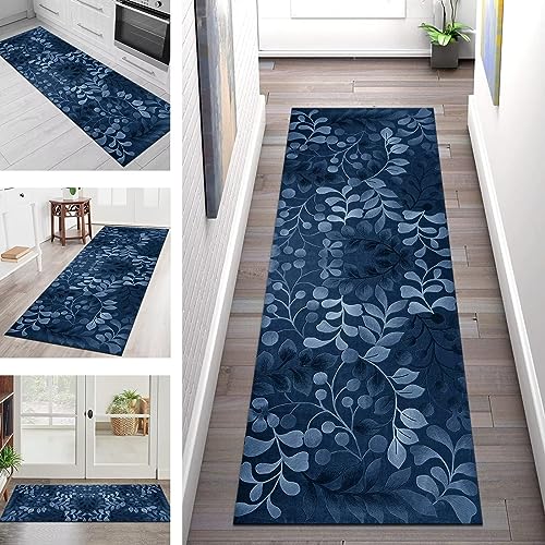 Teppich Läufer Lang Flur Küche rutschfest waschbar Korridor Tepiche Küchenläufer 110X200CM Blau Blumen Teppichläufer Matte Meterware Kücheteppich für Schlafzimmer Wohnzimmer Flurmatten Breit 40-120cm von SGLGSTORE