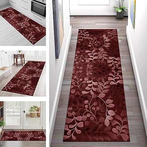 Teppich Läufer Lang Flur Küche rutschfest waschbar Korridor Tepiche Küchenläufer 40X200CM Rot Blumen Teppichläufer Matte Meterware Kücheteppich für Schlafzimmer Wohnzimmer Flurmatten Breit 40-120cm von SGLGSTORE