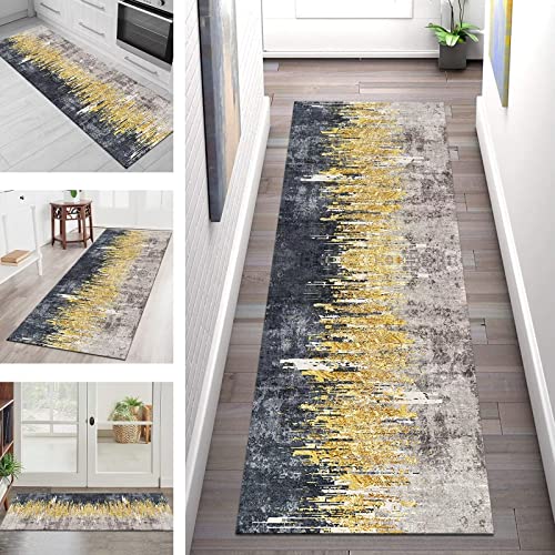 Teppich Läufer Lang Flur Küche rutschfest waschbar Korridor Teppichmatten 70X350CM Modern Küchenläufer Teppiche Grau Gold Blau Teppichläufer Schlafzimmer Meterware Wohnzimmer Flurläufer Polyester von SGLGSTORE