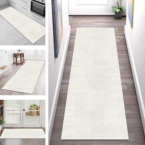Teppich Läufer Lang Flur Küche rutschfest waschbar Teppichmatten Beige Grau Küchenläufer Teppich 120X450CM Modern Eingangstürmatte Polyester Teppichläufer Schlafzimmer Meterware Wohnzimmer Flurläufer von SGLGSTORE