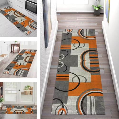 Teppich Läufer Lang Küche Flur Teppichläufer Rutschfest Waschbar Küchenläufer Teppichmatten Grau Orange Design Schmutzfangmatte 40X120CM Meterware Flurteppich Wohnzimmer Schlafzimmer Küchenteppich von SGLGSTORE