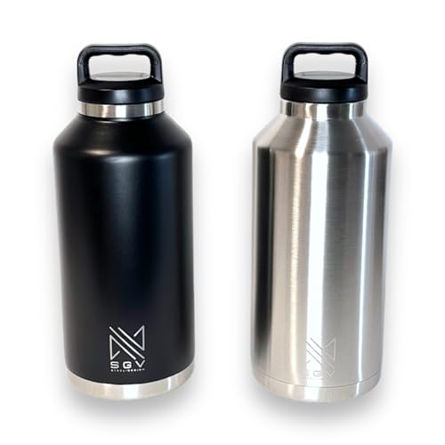 SGV Thermoskanne 2 Liter mit Griff Edelstahl 18/8 Doppelwand Vacuum Thermosflasche Outdoor, Camping Isolierflasche, Isolierkanne, 100% Auslaufsicher, BPA frei (Silber) von SGV