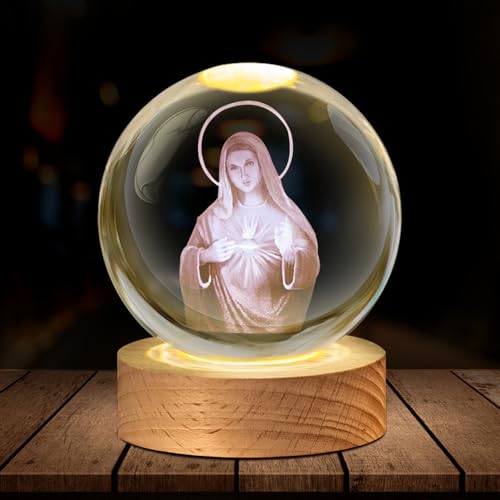 SGZIOO 3D Kristallkugel Nachtlicht, LED Glaskugel Lampe mit Einer Statue der Jungfrau Maria, USB Crystal Ball mit Holzsockel Geeignet als Souvenir und Geschenk für Kirchenmitglieder von SGZIOO