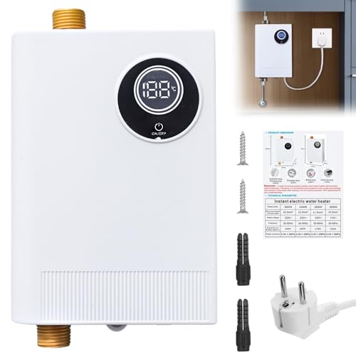 Elektrische Durchlauferhitzer, 220V 3800W Mini Warmwasserbereiter mit Ablesbarer Led-Temperaturanzeige Elektrischer Wassererhitzer Warmwasser bei 28-55°C Mini Durchlauferhitzer für Dusche, Badezimmer von SGZIOO