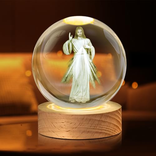 SGZIOO 3D Kristallkugel Nachtlicht, LED Glaskugel Lampe mit Gravierten Christlichen Katholizismus Figuren, LED Ball Lampe mit USB und Holzsockel Geeignet als Mitbringsel für Kirchenmitglieder von SGZIOO