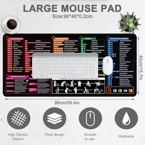 SGZIOO Excel Schreibtischunterlage Deutsch, 900x400x2 mm Excel Mauspad Deutsch, Exel Spickzettel Schreibtischunterlage Groß, Anti Rutsch Mauspad XXL, für Büro und Zuhause, Kurzanleitung von SGZIOO