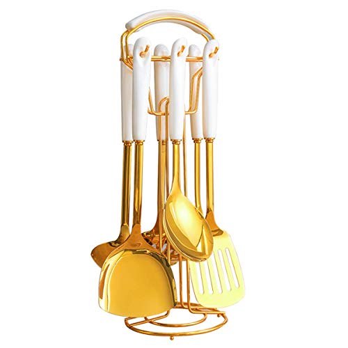 Küchenhelfer-Set 304 Edelstahl 7-teilig Gold Breite Spatel Suppenkelle Sieb Schlitzspatel Spaghetti Server Reislöffel Grün (Weiß) von SGerste