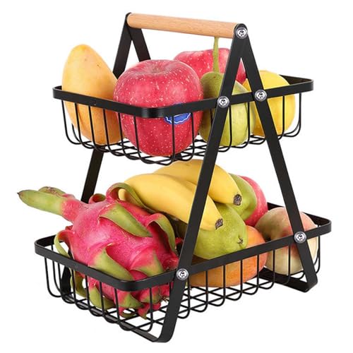 Robuster Eisen-Obstkorb, 2-stöckig, abnehmbarer Küchen-Arbeitsplatte, Snacks, Brot, Gemüse, Obst, Korb mit Holzgriff und offenem Draht-Design für Zuhause, Küche, Büro, Empfang, Schreibtisch, Theken von SH-RuiDu