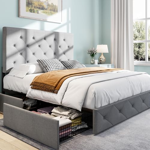 SHA CERLIN Gepolstertes Queen-Size-Bettgestell mit 4 Schubladen, verstellbares Kopfteil mit Diamantknopf, getuftetes Design, Holzlattenstütze, kein Boxspringbett erforderlich, Hellgrau von SHA CERLIN