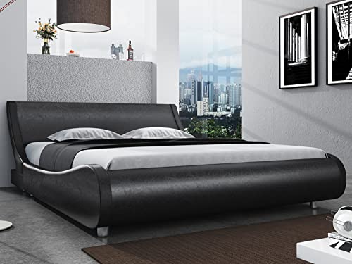 SHA CERLIN Plattformbett in voller Größe, Kunstleder, niedriges Profil, Schlittenbett mit verstellbarem Kopfteil, Holzlattenstütze, schwarz glänzend von SHA CERLIN