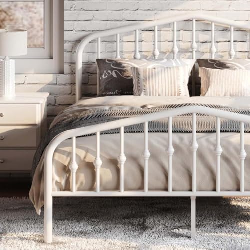 SHA CERLIN Queen-Size-Metallplattform-Bettgestell mit viktorianischem Stil, Schmiedeeisen-Kopfteil/Fußteil, kein Boxspringbett erforderlich, Weiß von SHA CERLIN