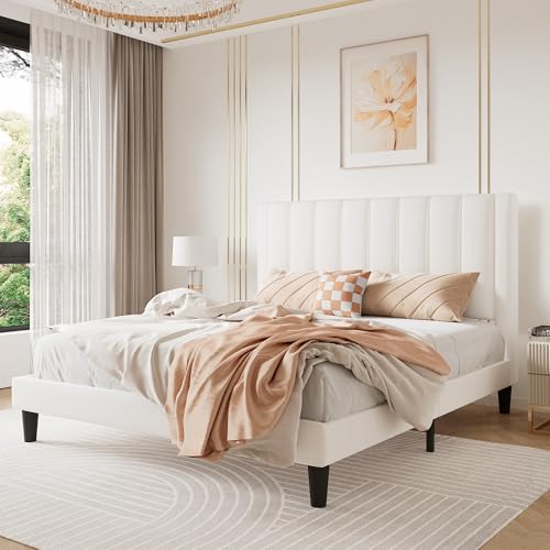 SHA CERLIN Queensize-Bettgestell/Samt-gepolstertes Plattform-Bettgestell mit Kopfteil/starke Holzlattenstütze/Matratzenfundament/kein Boxspringbett erforderlich/einfache Montage/Weiß von SHA CERLIN