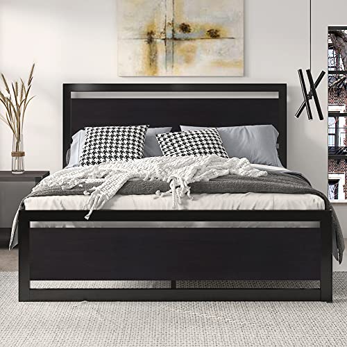 SHA CERLIN Queensize Bettgestell mit modernem Kopfteil aus Holz / Stabiler Metallbettrahmen mit quadratischem Rahmen und 13 stabilen Metalllatten / ohne Boxspring von SHA CERLIN