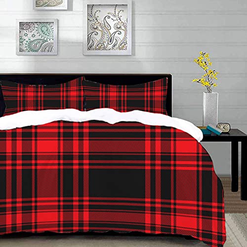 Bettwäsche 3 Teilig Bettgarnitur,Überprüfen Sie Menzies Tartan-Schwarz-Rot-Rock-Rock-Plaid-Muster-Zusammenfassung,Gemütlich Mikrofaser Bettbezug Set 1 Bettbezug Set 220 x 240 cm von SHAARI