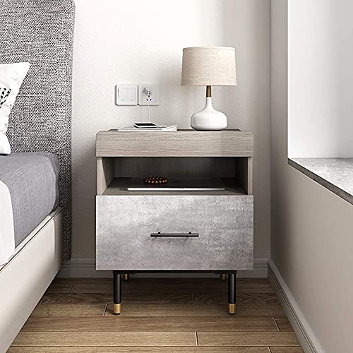 Bürokommode, Nachttische, Schlafzimmermöbel, grau, rustikale und elegante Retro-Holzoptik, mit offenem Frontfach und Nachttischen mit zwei von SHABOZ