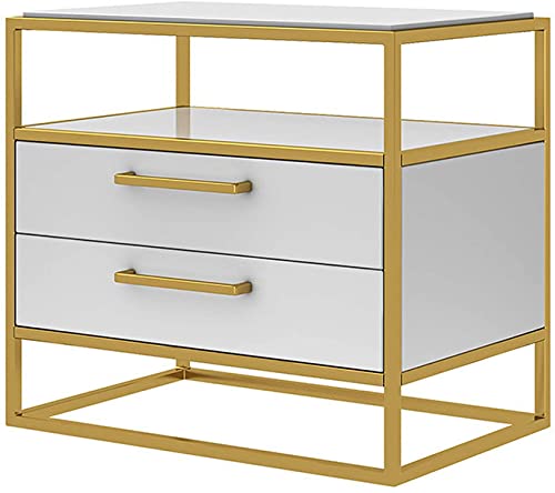 Bürokommode Nachttische Schlafzimmermöbel Nachttisch weiß mit 2 Schubladen und 1 Ablagefach, Massivholz mit Metallstruktur, Aufbewahrungsschränke von SHABOZ