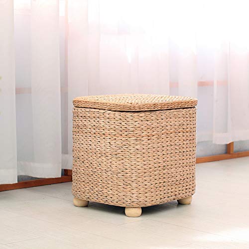 Fußhocker, Ottomane, Sitzhocker, Ottomane, gepolsterter Fußhocker mit Aufbewahrungsfach, Rattanrohr, Wintergartenmöbel, Stoff, 4 Stück von SHABOZ