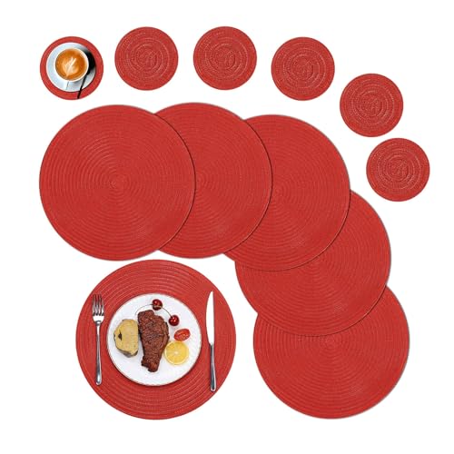 SHACOS 6er Set Runde Tischsets und Untersetzer, Platzsets Rund Abwaschbar Geflochten Runde Platzdeckchen mit Untersetzer Hitzebeständig Runde Platzsets für Küche, Fest, Hochzeit, Party, Rot von SHACOS