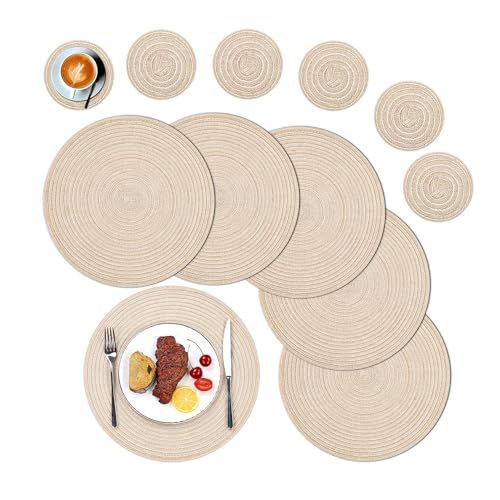 SHACOS 6er Set Runde Tischsets und Untersetzer, Platzsets Rund Abwaschbar Geflochten Runde Platzdeckchen mit Untersetzer Hitzebeständig für Küche, Fest, Hochzeit, Party, Beige von SHACOS