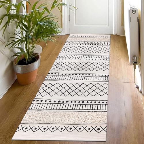 SHACOS Teppich Läufer Flur 60x180 cm Waschbar Boho Flur Teppich Läufer Beige Flachgewebe Teppich Beige Bettvorleger Schlafzimmer, Teppichläufer Flur Küchenteppich Läufer Teppich für Wohnzimmer, Küche von SHACOS