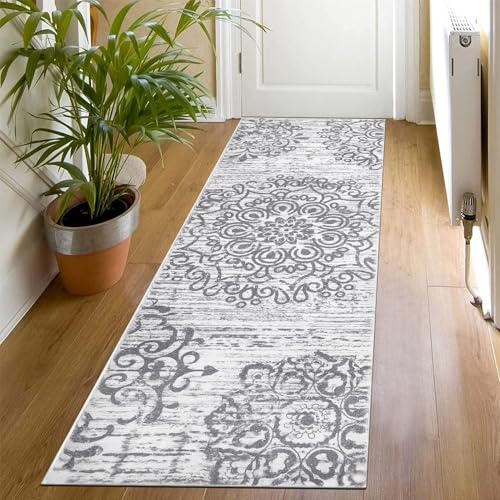 SHACOS Boho Teppich Läufer Flur rutschfest 60x180 cm Grau Flurläufer Küchenteppich Waschbar Vintage Teppichläufer für Flur, Küche, Schlafzimmer, Wohnzimmer von SHACOS