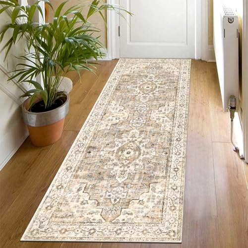 SHACOS Boho Teppich Läufer Flur rutschfest Beige 60x180 cm, Küchenteppich Läufer Waschbar, Teppichläufer Flur Weich Flurläufer Vintage Teppich Läufer für Küche, Flur, Eingang von SHACOS