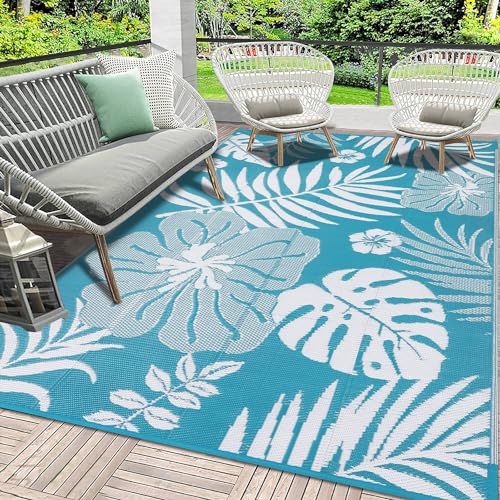 SHACOS Kunststoff Stroh Outdoor Teppich Türkis Wetterfest 150x240cm Wendematten UV-beständiger Outdoor Teppich Recycelter Camping Matte Patio Teppich für Balkon Strand BBQ Picknick Deck von SHACOS