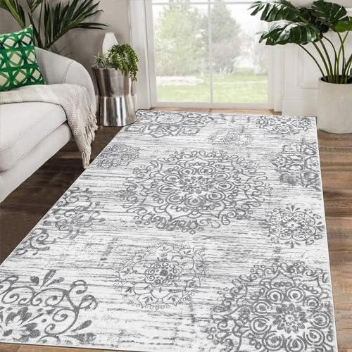 SHACOS Kurzflor Teppich Läufer Wohnzimmer Grau 120x180cm Boho Teppich Läufer Flur rutschfest Teppichläufer Waschbar Vintage Bettvorleger Schlafzimmer Teppich Läufer für Kinderzimmer, Esszimmer, Küche von SHACOS