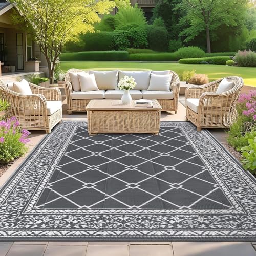 SHACOS Outdoor Teppich Wetterfest 180x270 cm Wendbarer Kunststoffteppich Balkon Teppich Waschbar UV-beständig Picknickdecke Außenteppich für Terrasse Patio Camping Garten, Grau von SHACOS