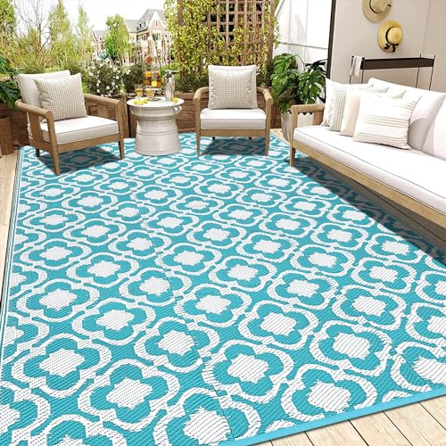 SHACOS Outdoor Teppich Kunststoff Wetterfest 120x180cm Gartenteppich Outdoor Balkon Teppich Wasserfest UV-beständig Außenteppich Boho Flachgewebe Teppich für Outdoor, Terrasse, Wohnzimmer - Türkis von SHACOS