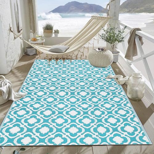 SHACOS Outdoor Teppich Türkis Wetterfest 150x240cm Gartenteppich Outdoor Balkon Teppich Wasserfest UV-beständig Außenteppich Kunststoff Boho Flachgewebe Teppich für Outdoor, Terrasse, Wohnzimmer von SHACOS