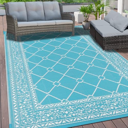 SHACOS Outdoor Teppich Türkis Wetterfest 180x270cm Balkon Teppich Groß Kunststoffteppich für Draußen UV-beständig Picknickdecke Waschbar Gartenteppich Grün Camping Teppich für Außen, Terrasse, Garten von SHACOS