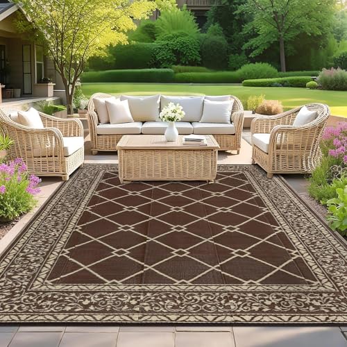 SHACOS Outdoor Teppich Wetterfest 180x270 cm Wendbarer Kunststoffteppich Balkon Teppich Waschbar UV-beständig Picknickdecke Außenteppich für Terrasse Patio Camping Garten, Braun von SHACOS