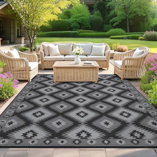 SHACOS Outdoor Teppich Wetterfest 240x300 cm, Wendbarer Balkon Camping Teppich, Kunststoffteppich UV-beständig Patio Rug Picknickdecke für Terrasse Garten Picknick BBQ, Schwarz & Grau von SHACOS
