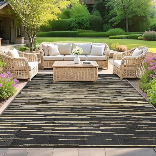 SHACOS Outdoor Teppich Wetterfest 240x300 cm Balkon Teppich Waschbar Außenteppich Picknickdecke Wendbar UV Beständig Kunststoffteppich für Terrasse Camping Garten Pool, Schwarz von SHACOS