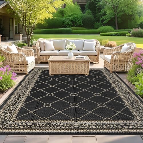 SHACOS Outdoor Teppich Wetterfest 240x300 cm Wendbarer Kunststoffteppich Balkon Teppich Waschbar UV-beständig Picknickdecke Außenteppich für Terrasse Patio Camping Garten, Schwarz von SHACOS