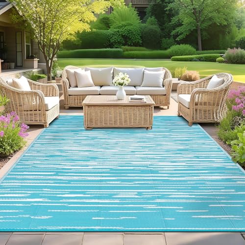 SHACOS Outdoor Teppich Wetterfest Türkis 240x300 cm Außenteppich Balko Teppich Waschbar Picknickdecke Wendbar UV-beständig Kunststoffteppich für Terrasse Camping Garten Pool von SHACOS