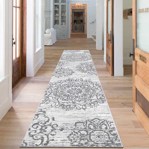SHACOS Teppich Läufer Flur Lang Grau 60 x 300 cm rutschfest Teppichläufer Vintage Flurläufer Lang Küchenteppich Waschbar Langer Teppich Läufer für Flur, Küche, Schlafzimmer von SHACOS