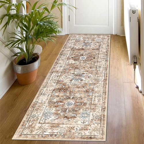 SHACOS Teppich Läufer Flur Rutschfest, Waschbar 60x180cm Küchenteppich, Korridor Teppich Flur Läufer Weich Flurläufer Lang Teppich Läufer Flur Braun Vintage Teppich für Wohnzimmer, Küche, Schlafzimmer von SHACOS