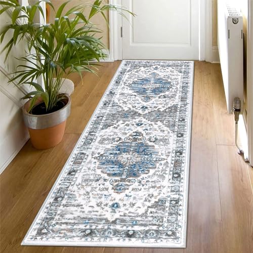 SHACOS Teppich Läufer Flur rutschfest 60x180 cm Boho Flur Teppich Läufer Grau Waschbar Bettvorleger Schlafzimmer Vintage Teppichläufer Flur Läufer Teppich für Flur, Küche, Schlafzimmer von SHACOS