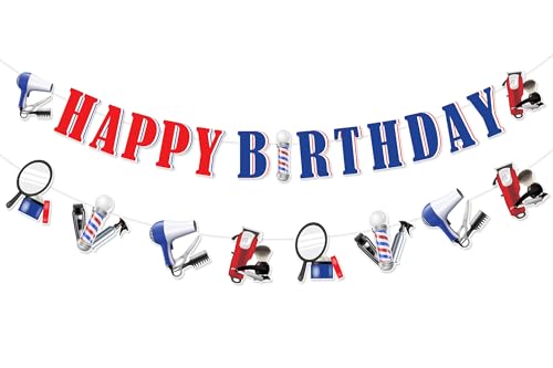 SHADOAMP Barber Happy Birthday Banner Barbershop Hairstylist Thema Girlande vorbespannt für Jungen Haarschnitt Salon Friseur Kosmetologie Geburtstag Party Supplies von SHADOAMP
