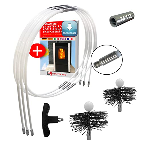 SHAFFER PRO - Kaminreinigungsset Pellet 9 Meter – Igel Schornsteinfeger 80 mm 100 mm Easyflex [kostenloses E-Book zum Download für Pelletofen Pellets Granulat] 15 flexible Reinigungsrohre, Adapter M12 von SHAFFER PRO
