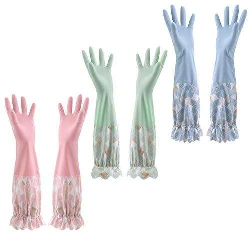 3 Paar Haushaltshandschuhe, SHAIDOJIO Lange Spülhandschuhe mit Futter, Wasserdichte Putzhandschuhe Gummihandschuhe Lang mit Lotusrand für Küche Bad Wäscherei Gartenarbeit Haustierpflege-Rosa Blau Grün von SHAIDOJIO