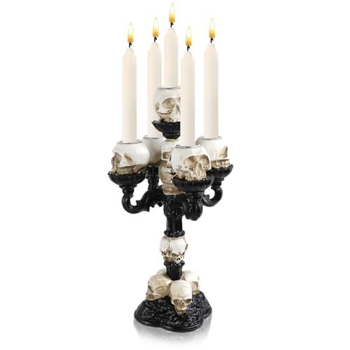 Kerzenständer Totenkopf, SHAIDOJIO Hallowee Schwarz Kerzenständer mit 5-Arme, Gothic Harz Statue Kerzenhalter, Totenkopf Kerzenhalter Schwarz für Familie Küche Tisch Schlafzimmer Wohnzimmer von SHAIDOJIO