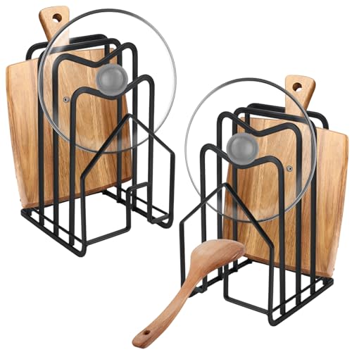 SHAIDOJIO 2 Schneidebrett Halter, Schwarz Topfdeckel Organizer-12 * 14.5 * 21.5cm, Backblech Organizer mit 4 Schlitzen, Schneidebrett Ständer zum Halten von Pfannen Deckeln Schneidebrettern Tellern von SHAIDOJIO