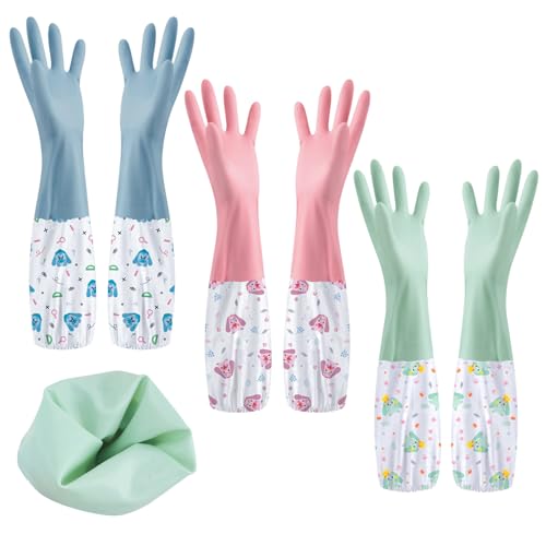 SHAIDOJIO 3 Paar Haushaltshandschuhe, Lange Spülhandschuhe-46cm, Wasserdichte Putzhandschuhe Gummihandschuhe Lang für Küche Bad Wäscherei Gartenarbeit Haustierpflege-3 Farben von SHAIDOJIO