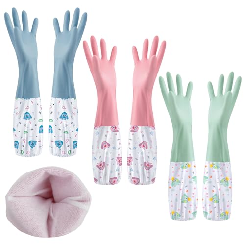 SHAIDOJIO 3 Paar Haushaltshandschuhe, Lange Spülhandschuhe mit Futter-46cm, Wasserdichte Putzhandschuhe Gummihandschuhe Lang für Küche Bad Wäscherei Gartenarbeit Haustierpflege-3 Farben von SHAIDOJIO