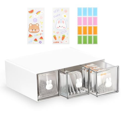 SHAIDOJIO 3 Schublade Teebox, Kunststoff Teeboxen für Teebeutel, Klarer Tee Organizer mit 1Etikett und 2 Aufklebern, Tee Aufbewahrung, Teebeutel Organizer für Cremer Kaffeebeutel Zucker-Weiß von SHAIDOJIO