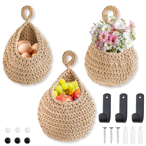 SHAIDOJIO 3 Stück Obst-Hängematte, Obstkorb Hängend, Handgewebt Hängekorb für Obst Aufbewahrung, Obst Hängematte mit 3-Haken, Böhmischen Stil Frucht Wand Hängekorb für Küche Wohnmobil Zuhause(S+M+L) von SHAIDOJIO