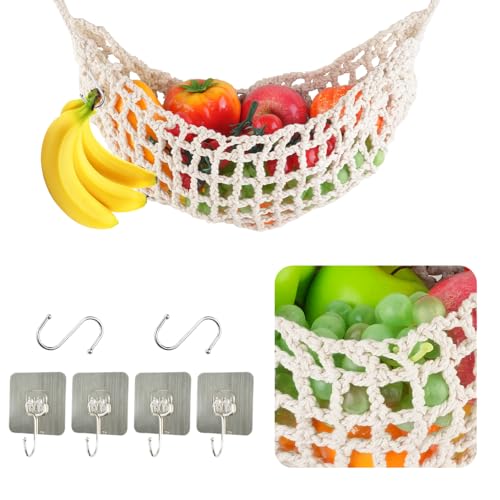 SHAIDOJIO Makramee Obst-Hängematte, Obst Hängematte, Handgewebt Makramee Hängen, Obstkorb Hängend mit 4-Haken-2 Bananen-Aufbewahrungshaken, Boho Frucht Gemüse Hängematte für Küche Wohnmobil Zuhause von SHAIDOJIO